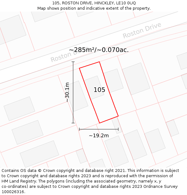 105, ROSTON DRIVE, HINCKLEY, LE10 0UQ: Plot and title map