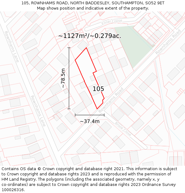 105, ROWNHAMS ROAD, NORTH BADDESLEY, SOUTHAMPTON, SO52 9ET: Plot and title map
