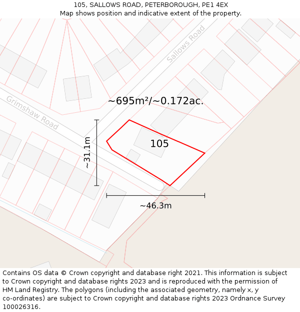 105, SALLOWS ROAD, PETERBOROUGH, PE1 4EX: Plot and title map