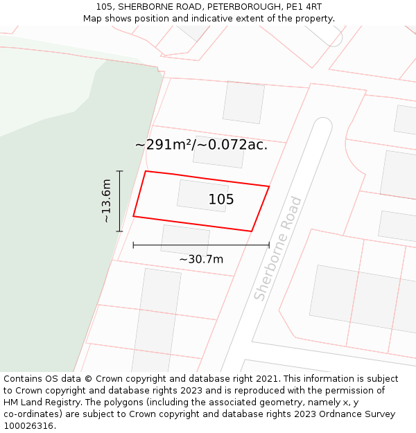 105, SHERBORNE ROAD, PETERBOROUGH, PE1 4RT: Plot and title map