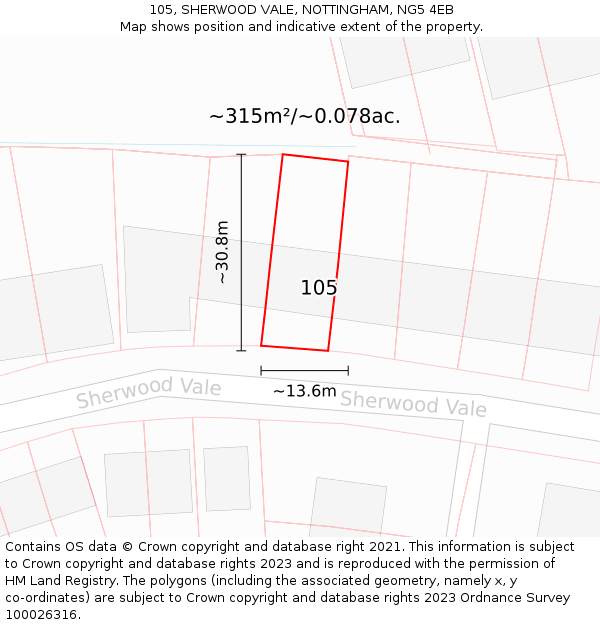 105, SHERWOOD VALE, NOTTINGHAM, NG5 4EB: Plot and title map