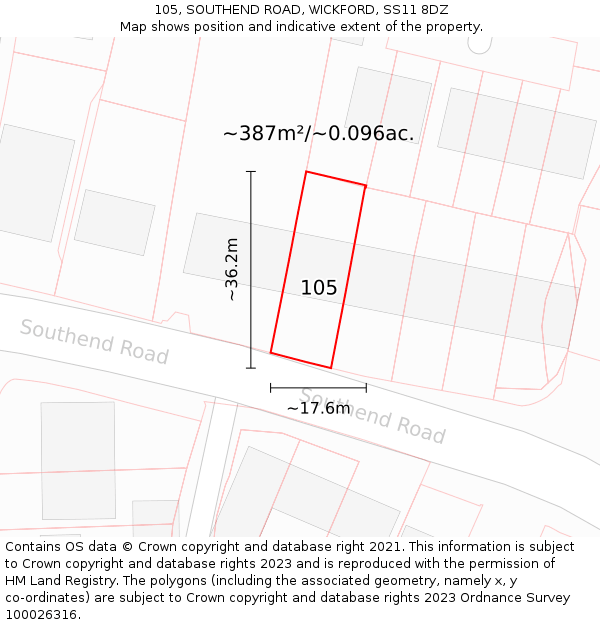 105, SOUTHEND ROAD, WICKFORD, SS11 8DZ: Plot and title map