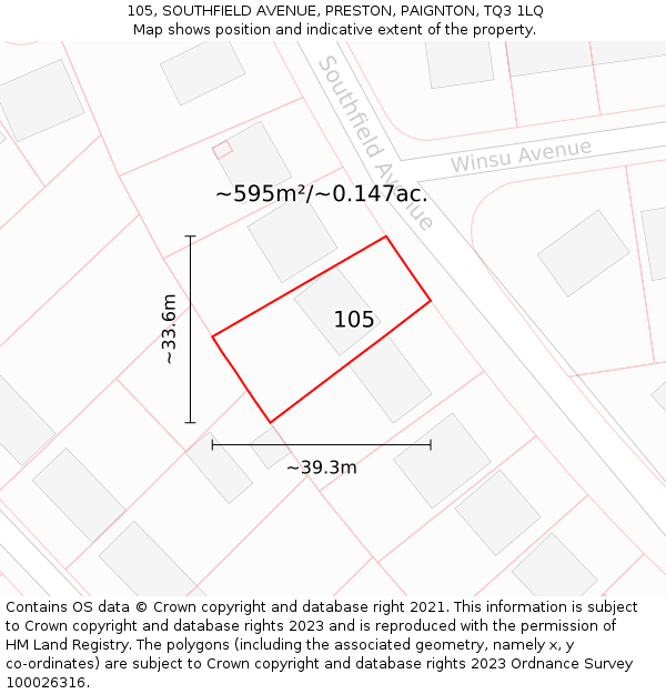 105, SOUTHFIELD AVENUE, PRESTON, PAIGNTON, TQ3 1LQ: Plot and title map