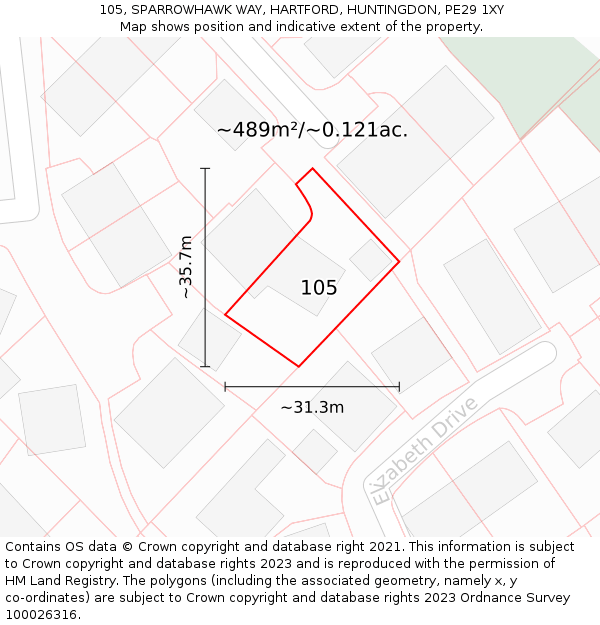 105, SPARROWHAWK WAY, HARTFORD, HUNTINGDON, PE29 1XY: Plot and title map
