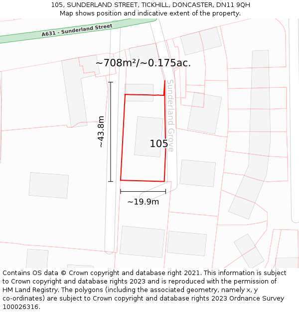 105, SUNDERLAND STREET, TICKHILL, DONCASTER, DN11 9QH: Plot and title map