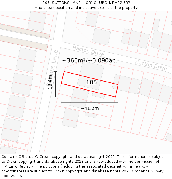 105, SUTTONS LANE, HORNCHURCH, RM12 6RR: Plot and title map