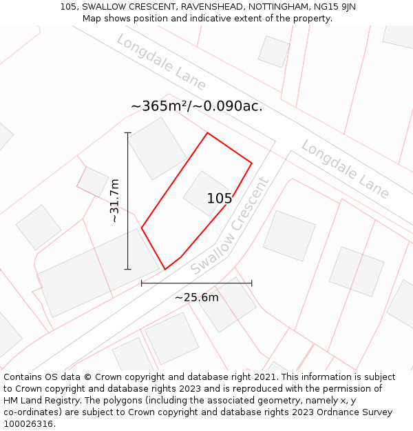 105, SWALLOW CRESCENT, RAVENSHEAD, NOTTINGHAM, NG15 9JN: Plot and title map