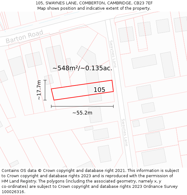105, SWAYNES LANE, COMBERTON, CAMBRIDGE, CB23 7EF: Plot and title map