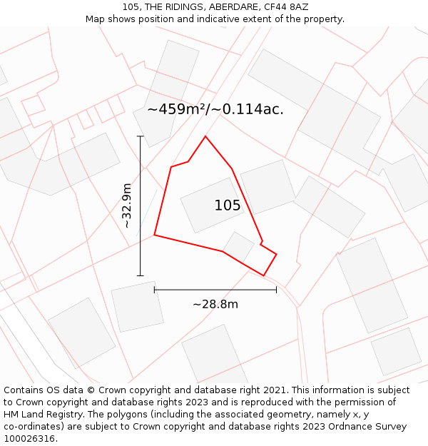 105, THE RIDINGS, ABERDARE, CF44 8AZ: Plot and title map