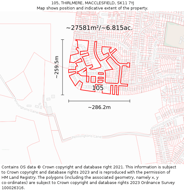 105, THIRLMERE, MACCLESFIELD, SK11 7YJ: Plot and title map