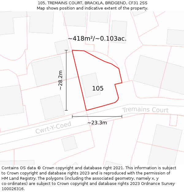 105, TREMAINS COURT, BRACKLA, BRIDGEND, CF31 2SS: Plot and title map