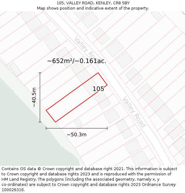 105, VALLEY ROAD, KENLEY, CR8 5BY: Plot and title map
