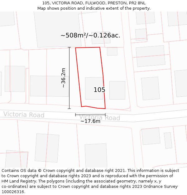 105, VICTORIA ROAD, FULWOOD, PRESTON, PR2 8NL: Plot and title map