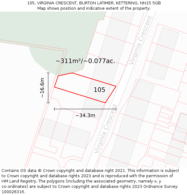 105, VIRGINIA CRESCENT, BURTON LATIMER, KETTERING, NN15 5GB: Plot and title map