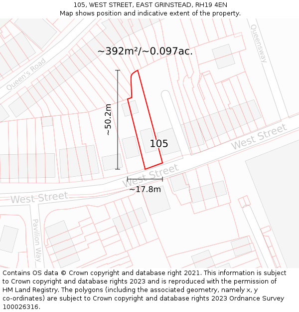 105, WEST STREET, EAST GRINSTEAD, RH19 4EN: Plot and title map