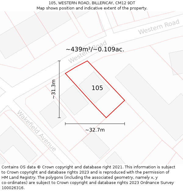 105, WESTERN ROAD, BILLERICAY, CM12 9DT: Plot and title map