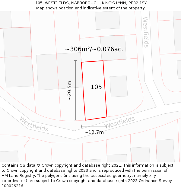 105, WESTFIELDS, NARBOROUGH, KING'S LYNN, PE32 1SY: Plot and title map