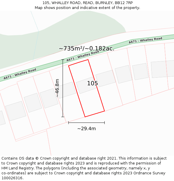 105, WHALLEY ROAD, READ, BURNLEY, BB12 7RP: Plot and title map