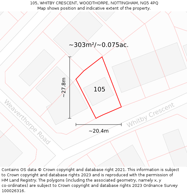 105, WHITBY CRESCENT, WOODTHORPE, NOTTINGHAM, NG5 4PQ: Plot and title map