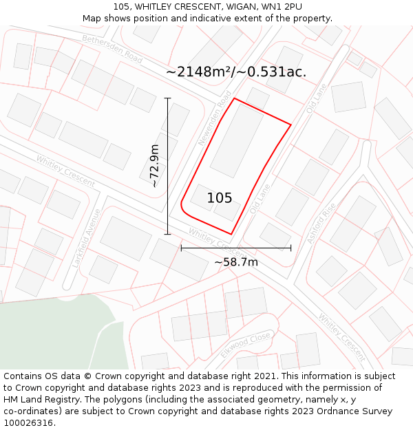 105, WHITLEY CRESCENT, WIGAN, WN1 2PU: Plot and title map