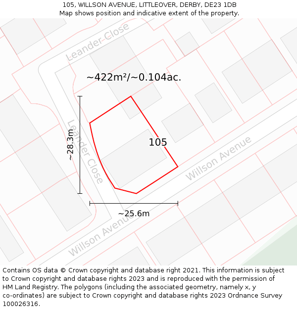 105, WILLSON AVENUE, LITTLEOVER, DERBY, DE23 1DB: Plot and title map