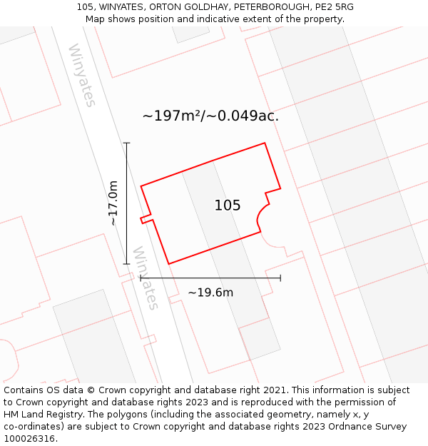 105, WINYATES, ORTON GOLDHAY, PETERBOROUGH, PE2 5RG: Plot and title map
