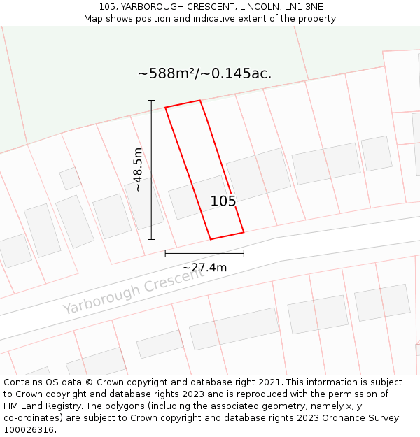 105, YARBOROUGH CRESCENT, LINCOLN, LN1 3NE: Plot and title map