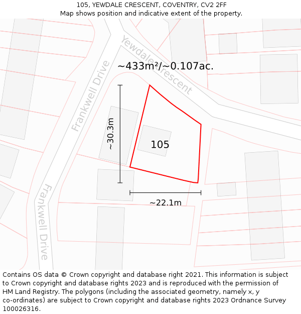 105, YEWDALE CRESCENT, COVENTRY, CV2 2FF: Plot and title map