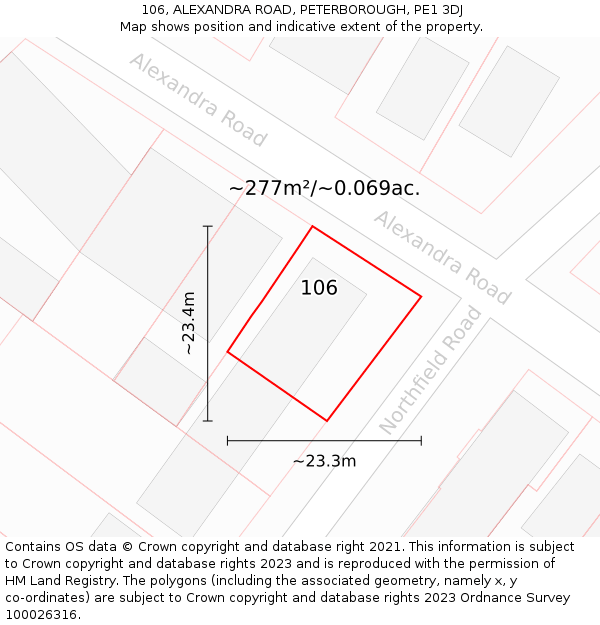 106, ALEXANDRA ROAD, PETERBOROUGH, PE1 3DJ: Plot and title map