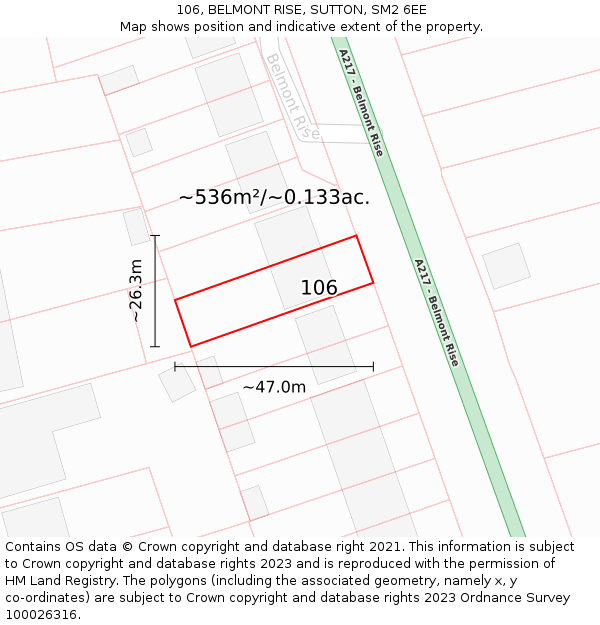 106, BELMONT RISE, SUTTON, SM2 6EE: Plot and title map
