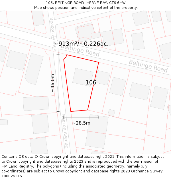106, BELTINGE ROAD, HERNE BAY, CT6 6HW: Plot and title map