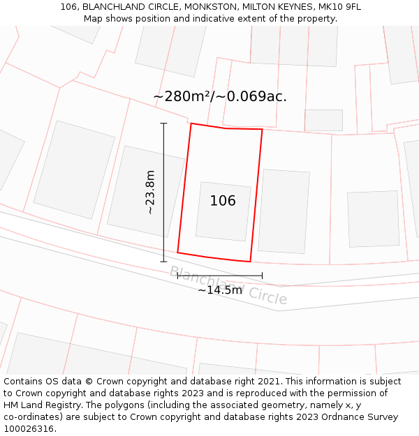 106, BLANCHLAND CIRCLE, MONKSTON, MILTON KEYNES, MK10 9FL: Plot and title map