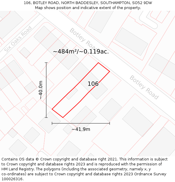 106, BOTLEY ROAD, NORTH BADDESLEY, SOUTHAMPTON, SO52 9DW: Plot and title map