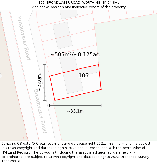 106, BROADWATER ROAD, WORTHING, BN14 8HL: Plot and title map