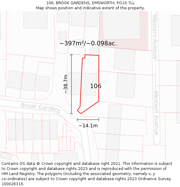 106, BROOK GARDENS, EMSWORTH, PO10 7LL: Plot and title map