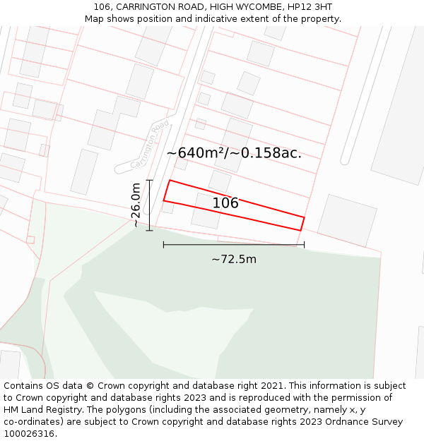 106, CARRINGTON ROAD, HIGH WYCOMBE, HP12 3HT: Plot and title map