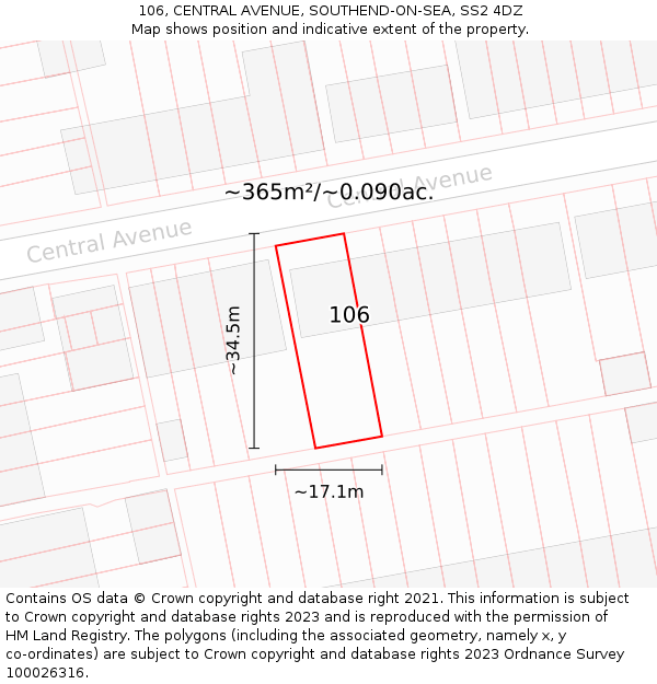 106, CENTRAL AVENUE, SOUTHEND-ON-SEA, SS2 4DZ: Plot and title map