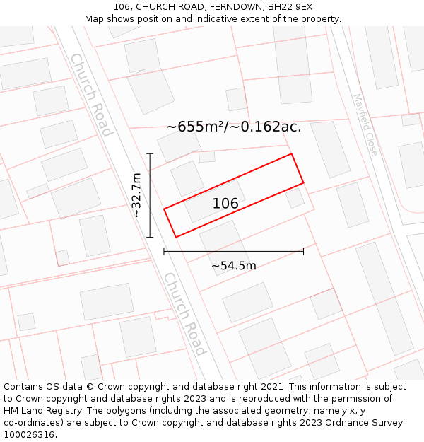 106, CHURCH ROAD, FERNDOWN, BH22 9EX: Plot and title map