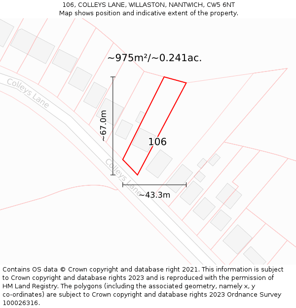106, COLLEYS LANE, WILLASTON, NANTWICH, CW5 6NT: Plot and title map