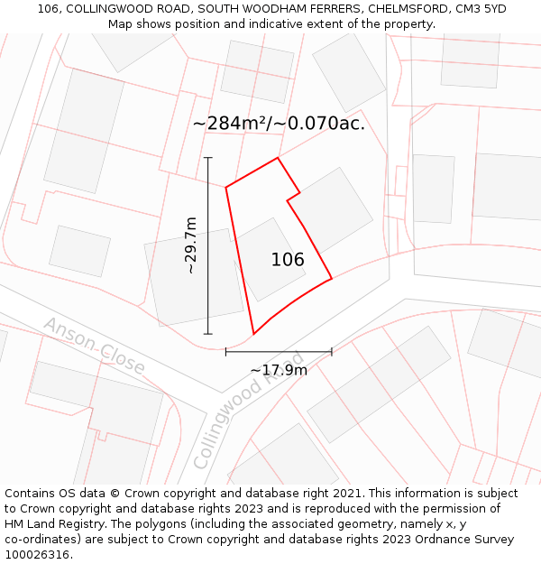 106, COLLINGWOOD ROAD, SOUTH WOODHAM FERRERS, CHELMSFORD, CM3 5YD: Plot and title map