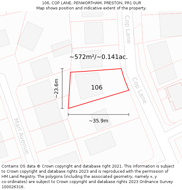 106, COP LANE, PENWORTHAM, PRESTON, PR1 0UR: Plot and title map