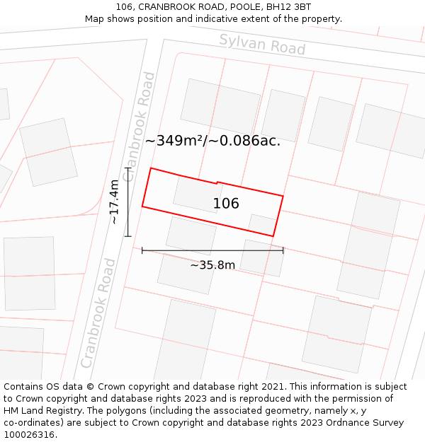 106, CRANBROOK ROAD, POOLE, BH12 3BT: Plot and title map