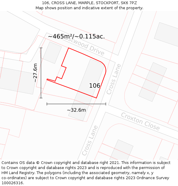 106, CROSS LANE, MARPLE, STOCKPORT, SK6 7PZ: Plot and title map