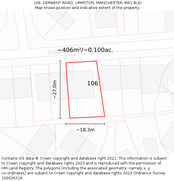 106, DERWENT ROAD, URMSTON, MANCHESTER, M41 8UD: Plot and title map