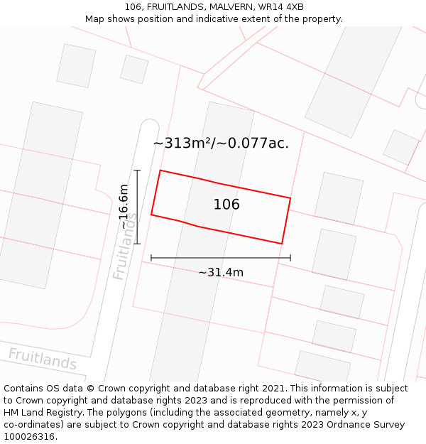 106, FRUITLANDS, MALVERN, WR14 4XB: Plot and title map