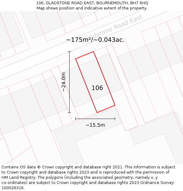 106, GLADSTONE ROAD EAST, BOURNEMOUTH, BH7 6HQ: Plot and title map