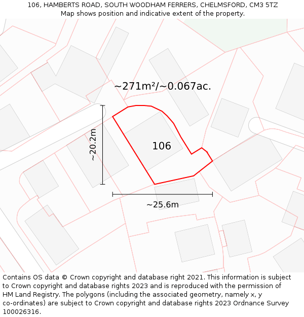 106, HAMBERTS ROAD, SOUTH WOODHAM FERRERS, CHELMSFORD, CM3 5TZ: Plot and title map