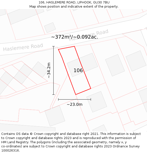 106, HASLEMERE ROAD, LIPHOOK, GU30 7BU: Plot and title map