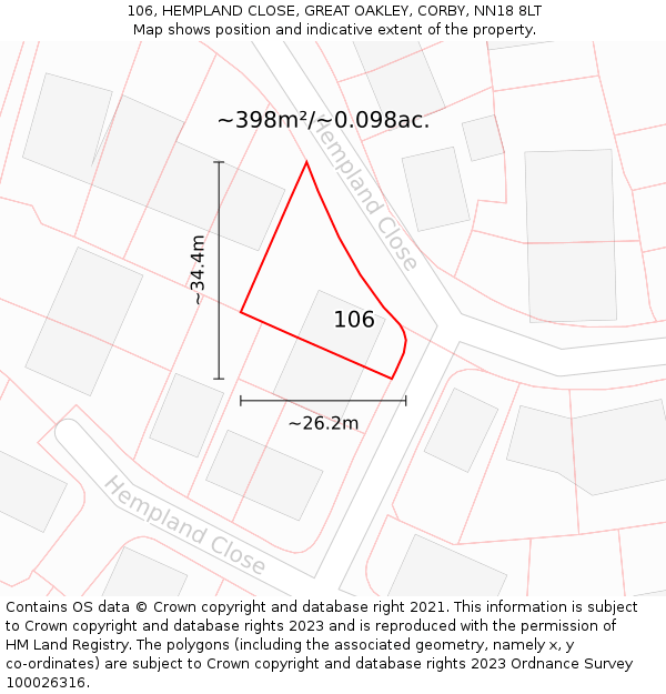 106, HEMPLAND CLOSE, GREAT OAKLEY, CORBY, NN18 8LT: Plot and title map