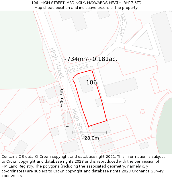 106, HIGH STREET, ARDINGLY, HAYWARDS HEATH, RH17 6TD: Plot and title map
